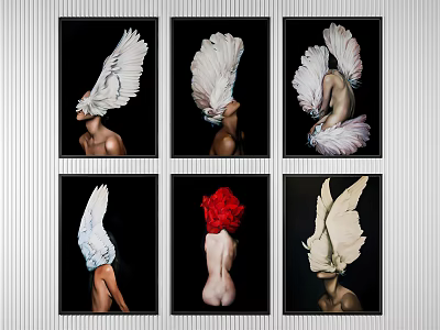 Six Framed Figure Paintings with Feather and Red Flower Headpieces Against Black Background 3d model