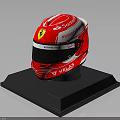 Red Ferrari Racing Helmet With Santander Text And VELAS Brand On Black Base Stand