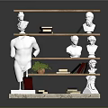 Modern Bookcase With Wooden Shelves White Bust Sculptures Red Book Green Plant And Marble Base