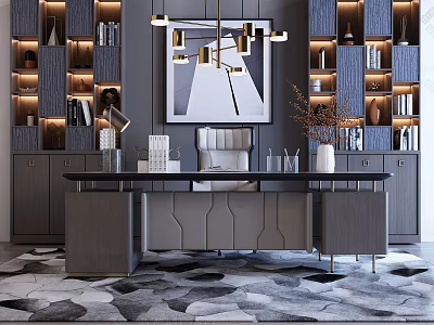 Modern Luxury Desk Setup With Bookshelves Chair Chandelier And Decorative Rug 3d model