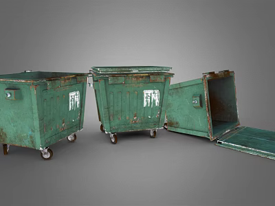 Green Worn Trash Bins With Wheels And One Open Lid Design 3d model