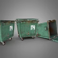 Green Worn Trash Bins With Wheels And One Open Lid Design