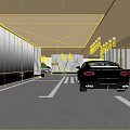 Modern Luxury Parking Garage with Black Car White Lines Marble Walls and Ceiling Grille Lights