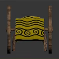 Ancient Wooden Cart With Large Spoked Wheels And Yellow Flags With Black Spiral Patterns