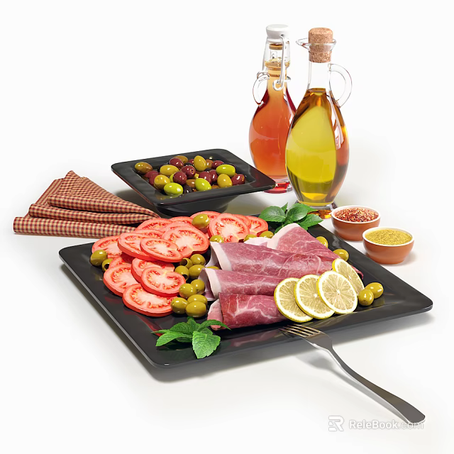 Fresh Charcuterie Platter With Sliced Ham Tomatoes Olives Lemon Olive Oil And Vinegar 3d model 