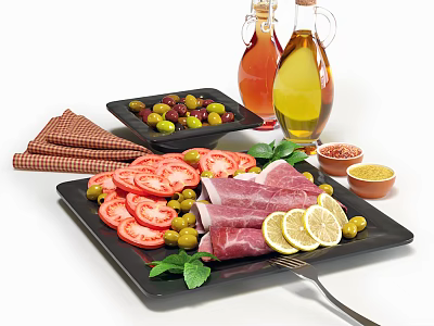 Fresh Charcuterie Platter With Sliced Ham Tomatoes Olives Lemon Olive Oil And Vinegar 3d model