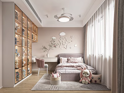 Cozy Kids Room Interior Design With Bookshelf Stuffed Toys Window And Curtains 3d model