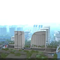 Modern Office Building With Curved Glass Facade And Geometric Tower In Urban Skyline Green Surroundings