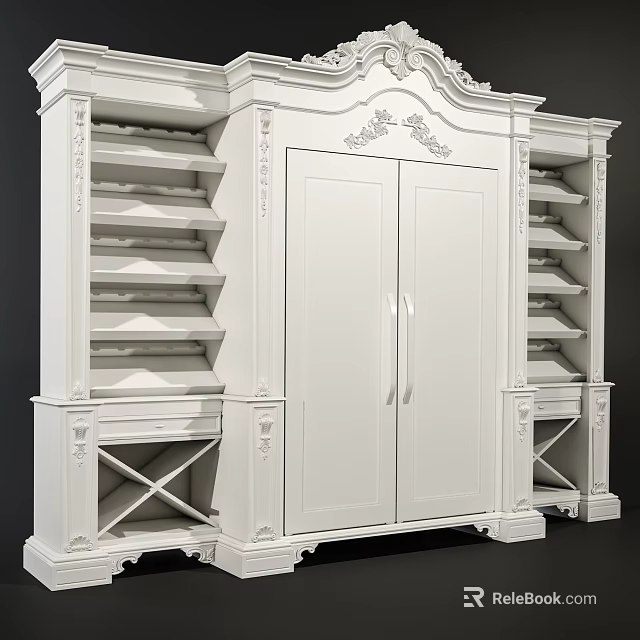 White Classic Wardrobe With Double Doors Open Shelves Carved Details And Drawers 3d model 