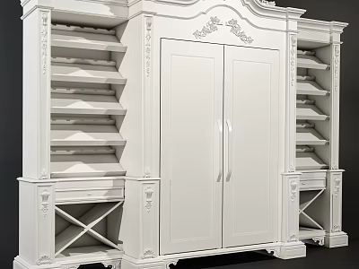 White Classic Wardrobe With Double Doors Open Shelves Carved Details And Drawers 3d model