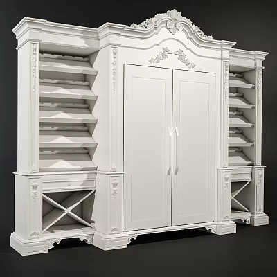 White Classic Wardrobe With Double Doors Open Shelves Carved Details And Drawers 3d model