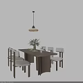 Modern Dining Table Set with Wooden Table Matching Chairs Vase with Flowers and Hanging Lamp