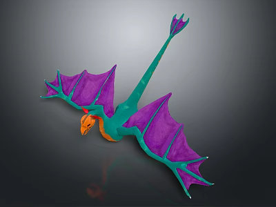 3D Model of Flying Creature with Green Body Purple Wings and Orange Head 3d model