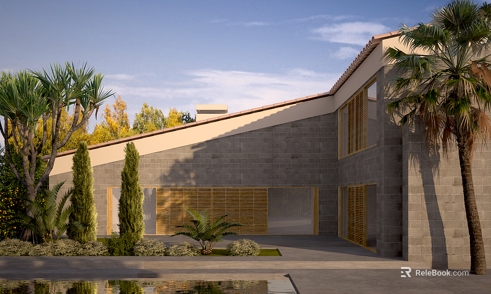 Modern Detached Villa With Gray Stone Walls Sloped Roof And Poolside Greenery 3d model 