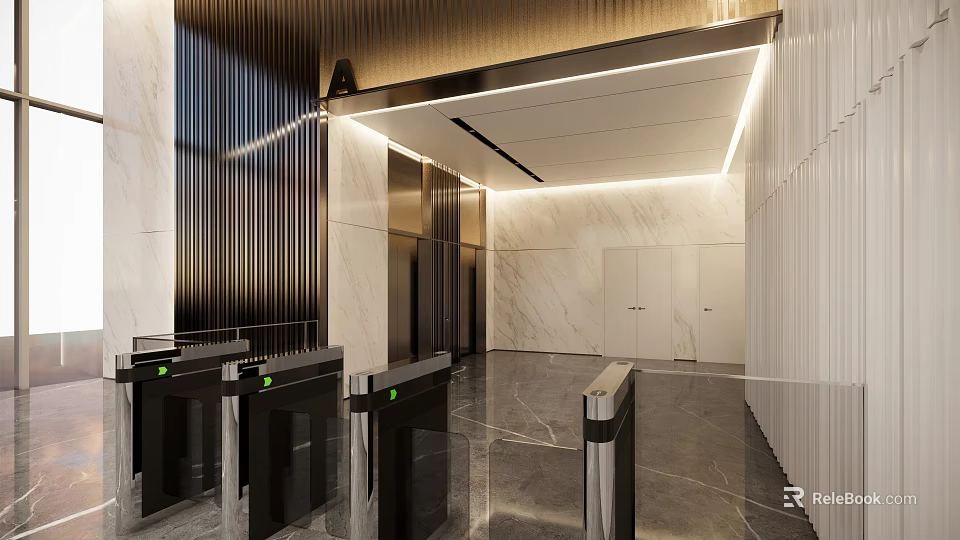 Modern Elevator Lobby Design With Marble Flooring Metal Accents And Access Control Gates 3d model 