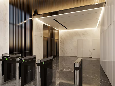 Modern Elevator Lobby Design With Marble Flooring Metal Accents And Access Control Gates 3d model