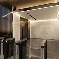 Modern Elevator Lobby Design With Marble Flooring Metal Accents And Access Control Gates