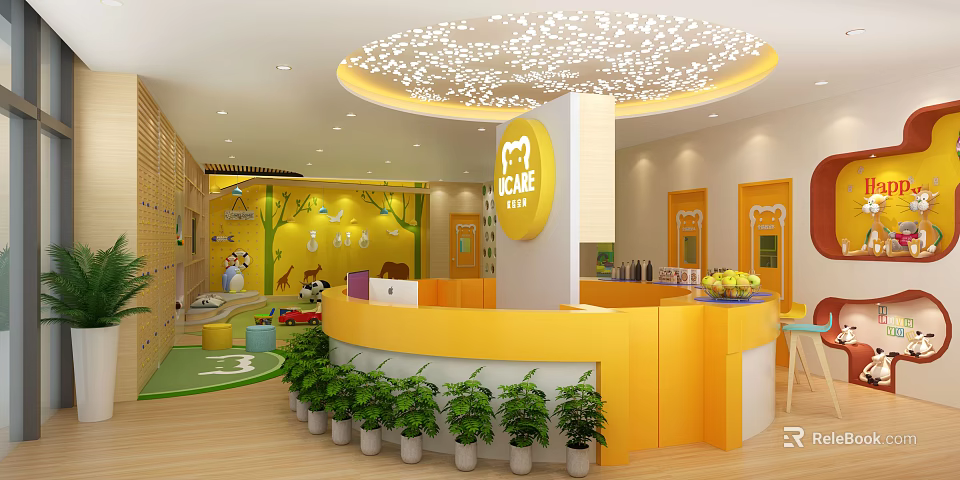 Bright Kindergarten Interior With Yellow Reception Desk Ceiling Decoration Animal Wall Decals And Green Plants 3d model 