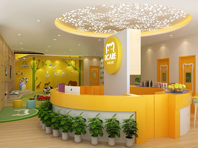 Bright Kindergarten Interior With Yellow Reception Desk Ceiling Decoration Animal Wall Decals And Green Plants 3d model
