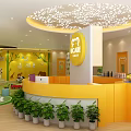 Bright Kindergarten Interior With Yellow Reception Desk Ceiling Decoration Animal Wall Decals And Green Plants