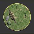 Dinosaur Model On Circular Display Base With Grassland Small Trees And Red Flowers