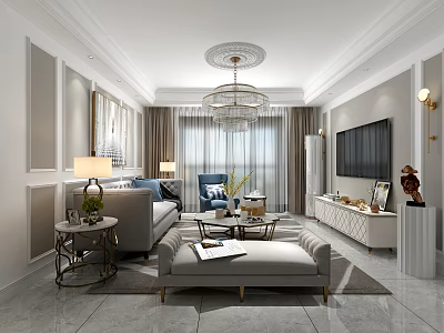Modern Elegant Living Room Interior With Sofa Coffee Table Chandelier TV And Decorative Art 3d model