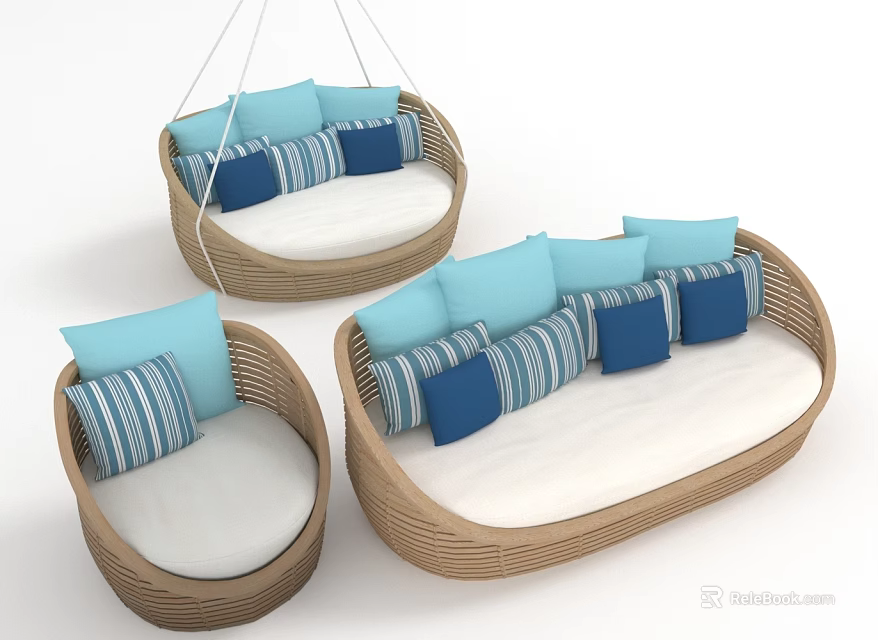 Stylish Wicker Furniture With Hanging Chair Single Sofa Double Sofa And Blue And White Cushions 3d model 