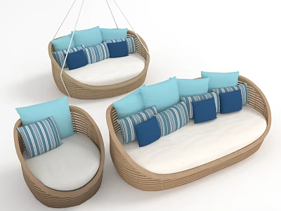 Stylish Wicker Furniture With Hanging Chair Single Sofa Double Sofa And Blue And White Cushions 3d model