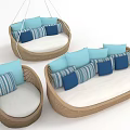 Stylish Wicker Furniture With Hanging Chair Single Sofa Double Sofa And Blue And White Cushions