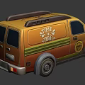 Yellow Delivery Van With Roof Rack Orange Green Stripes And Warning Graphics