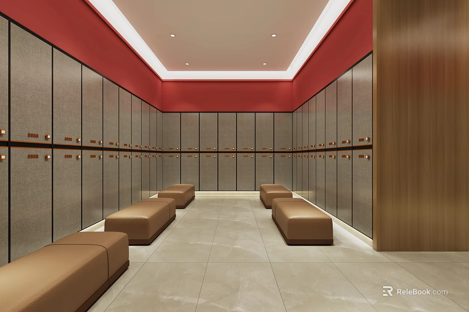 Modern SPA Sauna Locker Room Interior With Comfortable Benches And Wooden Lockers 3d model 