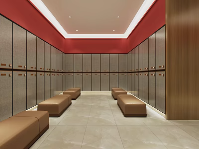Modern SPA Sauna Locker Room Interior With Comfortable Benches And Wooden Lockers 3d model
