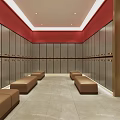 Modern SPA Sauna Locker Room Interior With Comfortable Benches And Wooden Lockers