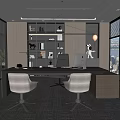 Modern Office Interior With Wooden Desk Chairs Bookshelf Green Plant And Window View