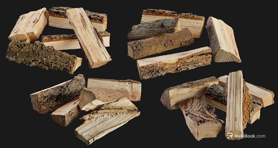 Various Cut Wood Logs Piled On Black Background 3d model 