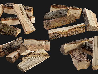 Various Cut Wood Logs Piled On Black Background 3d model