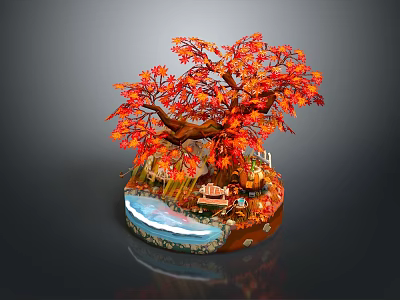 Red Leaf Tree With Vibrant Autumn Foliage Miniature Water Feature Bench And Green Grass Landscape 3d model