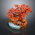 Red Leaf Tree With Vibrant Autumn Foliage Miniature Water Feature Bench And Green Grass Landscape