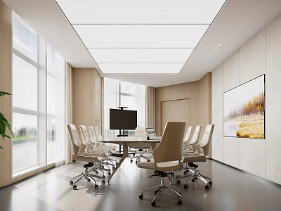 Modern Conference Room Interior With Large Windows TV Screen And Wooden Walls 3d model