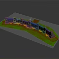 Winding Fortress Wall Structure With Blue Towers Yellow Base And Green Grass
