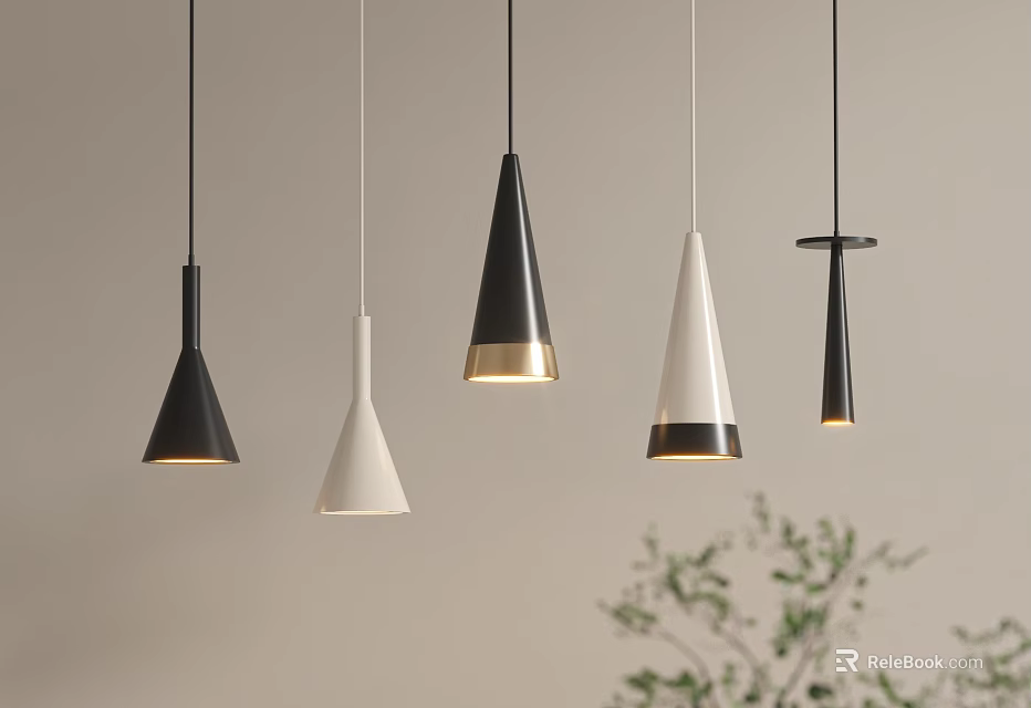 Modern Minimalist Pendant Lights with Conical Shapes Black White Gold Tones for Interior Decoration 3d model 
