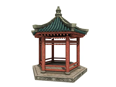 Traditional Chinese Pavilion With Green Tiled Roof And Red Wooden Pillars 3d model