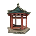 Traditional Chinese Pavilion With Green Tiled Roof And Red Wooden Pillars