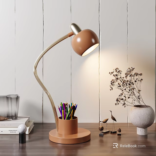 Brown Curved Desk Lamp With Warm Light Illuminating Wooden Table With Colored Pencils And Vase 3d model 