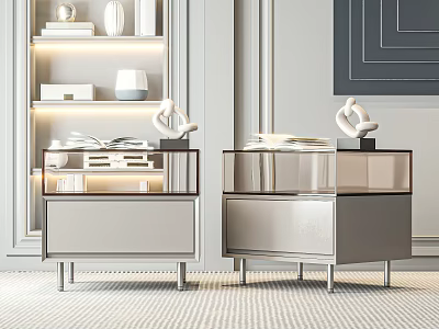 Pair of Modern Nightstands Interior With Glass Tops Metal Legs Books And Sculptures 3d model