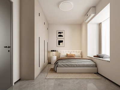 Modern Minimalist Bedroom Interior With Double Bed Built in Wardrobe Window and Wall Art 3d model