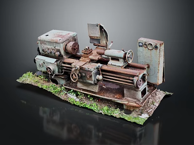 Old Industrial Lathe Equipment Featuring Rusty Metal Structure And Grass Base Mechanical Parts 3d model