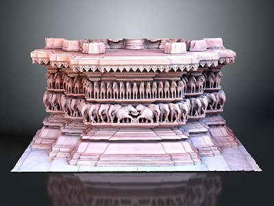 Ancient Multi Tiered Stone Carved Pedestal With Intricate Elephant And Human Sculptures 3d model
