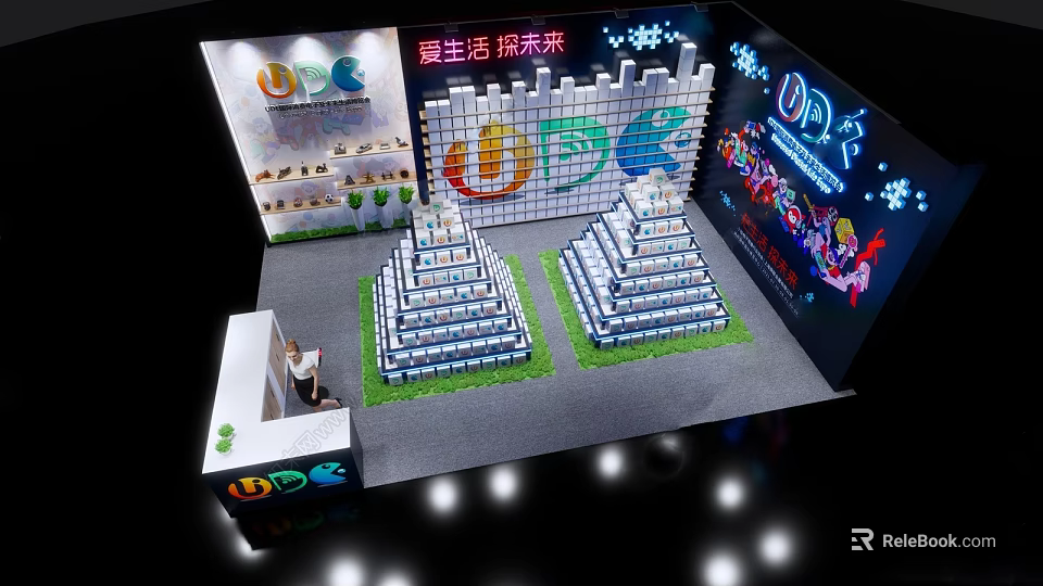 UDC Exhibition Display For Future Life Exploration With Pyramid Models Green Lawn And Shelves 3d model 