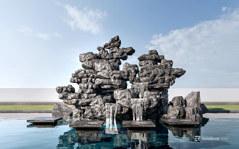 Outdoor Stone Rockery Landscape With Wooden Platforms Water Pool Waterfall And Reflection 3d model 